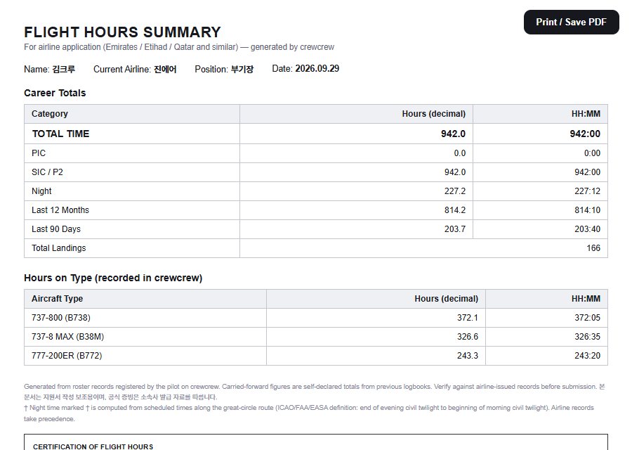 Flight Hours Summary — 에미레이츠·에티하드·카타르 지원서용 시간 요약